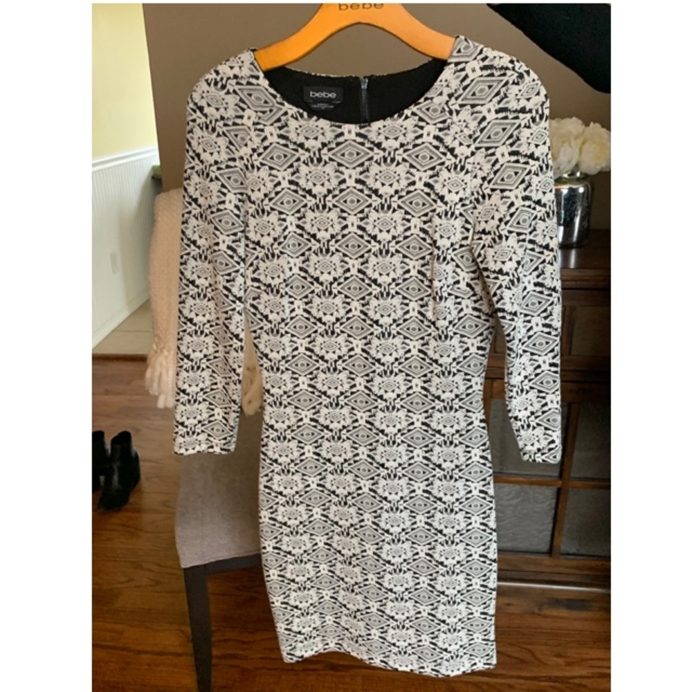Bebe Black and White Long Sleeve Fitted Dress